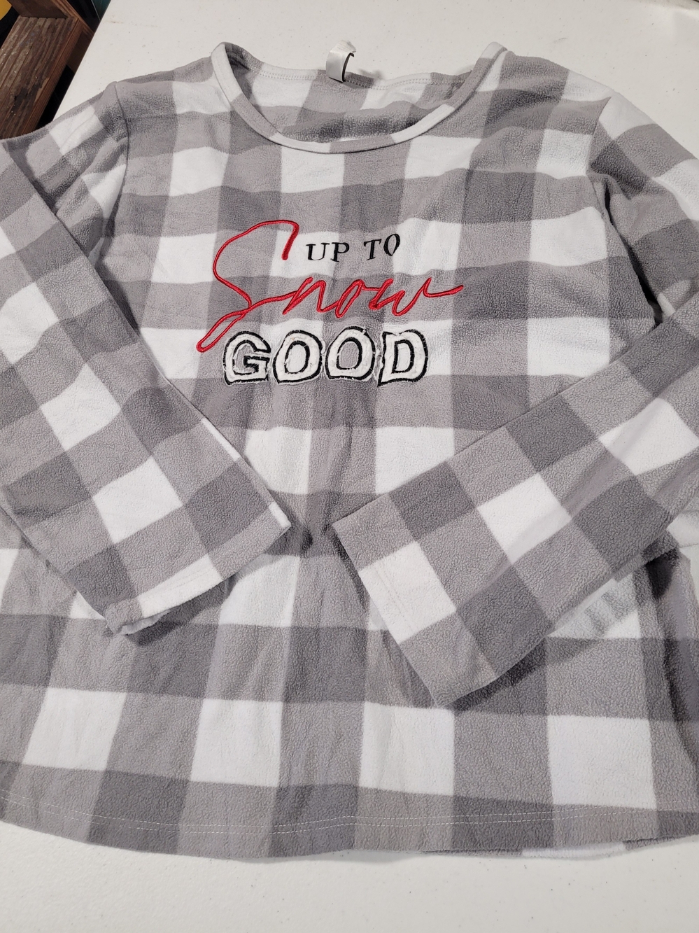 Pj Couture Gray & White Buffalo Plaid Long-Sleeve Pajama Top with Red Script